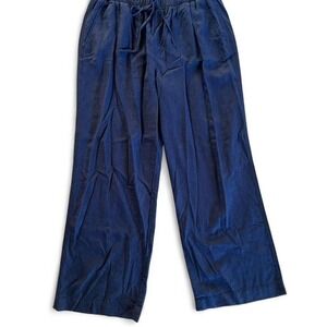 Navy blue linen drawstring flowy pants with elastic waist